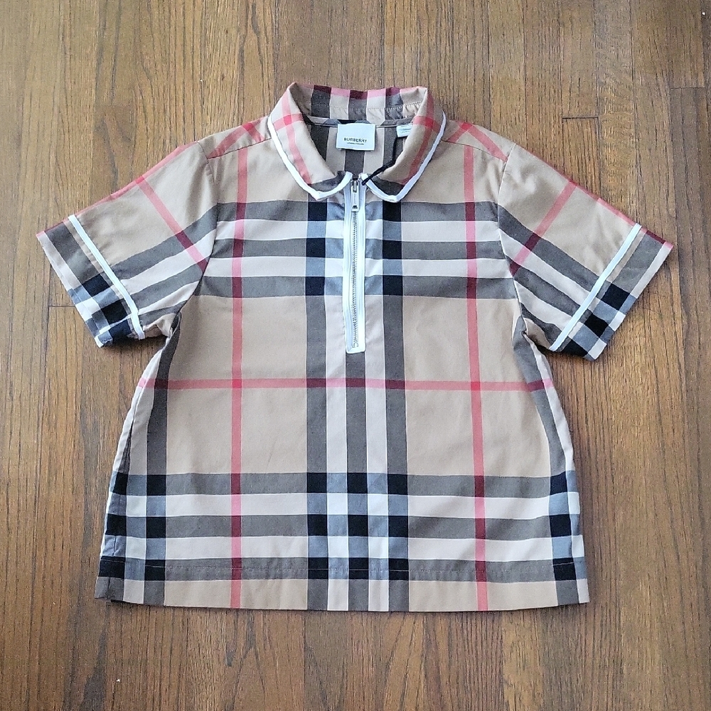 Burberry Tan and Red Half Zip-Up Shirt
